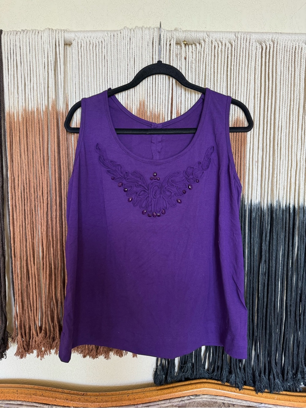 Purple Woman Within tank top with butterfly like design and beaded details